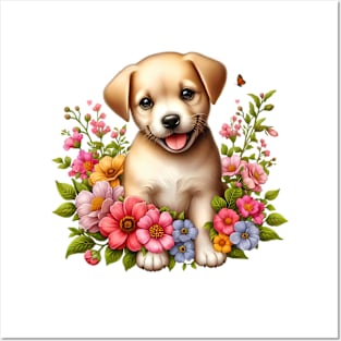 A golden retriever puppy decorated with beautiful colorful flowers. Posters and Art